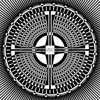 Cross in decorative circle pattern. 