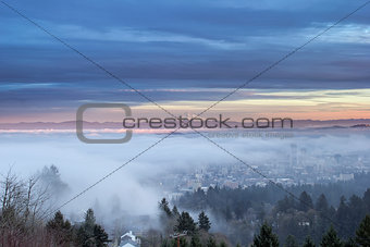 Portland City Covered in Fog with Mount Hood