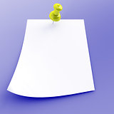 pushpin with attached white sheet of paper on a blue background