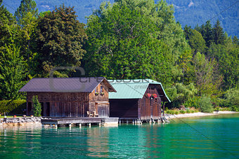Wolfgang See lake traditional boathouses