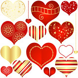 Collection red and gold isolated hearts 