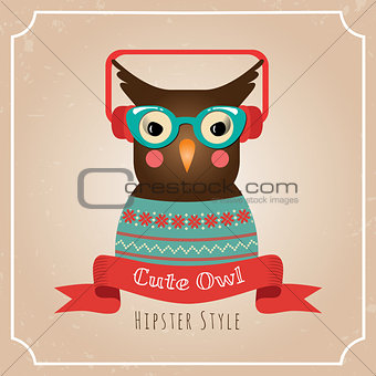 Vector Illustration of Hipster Owl, Greeting Card Design, Owl with Earphones, Card Background Template