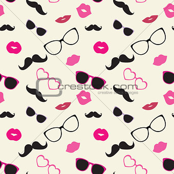 Moustaches, Lips, Glasses Vector Seamless Pattern