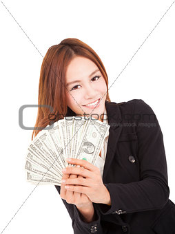 happy businesswoman holding the money