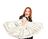 happy business woman showing the money
