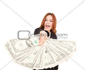 happy business woman showing the money