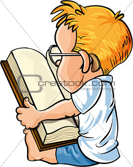 Cartoon little boy reading a big book