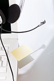 headset keyboard notebook laptop in office on table desk