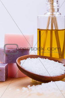 welnness spa objects soap and bath salt closeup