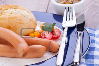 tasty sausages frankfurter with grain bread 