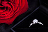 red rose and diamond ring in a box 