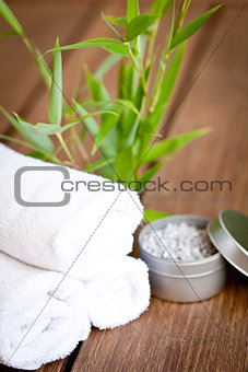 wellness and spa beauty treatment objects on wooden background