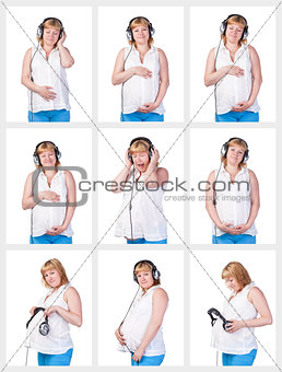 Collage Collection Pregnant Woman listening to music in headphone