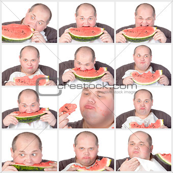 Collage portrait obese man eating a large slice of fresh juicy w
