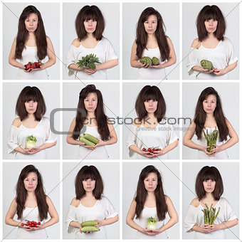 Collage young beautiful woman with the fresh vegetables