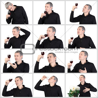 Collage Man tasting a glass of red port wine
