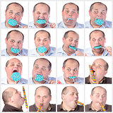 Collage portrait fat man eating a lollipop
