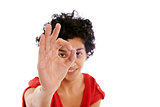 happy hispanic woman doing ok sign with hand