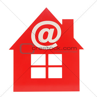email icon on red plastic house shaped object on white backgroun
