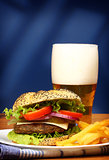  burger, french fries and beer