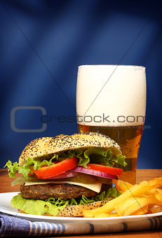  burger, french fries and beer