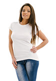 Woman posing with blank white shirt