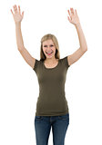Excited woman posing with arms up