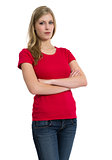 Serious woman posing with red shirt