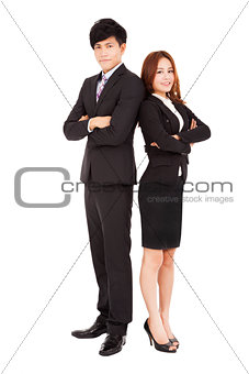 full length smiling business man and woman