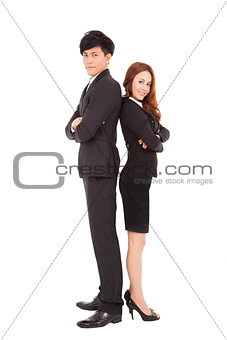 full length smiling business man and woman standing together