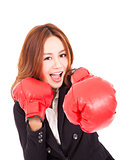 young attractive business woman with boxing gloves