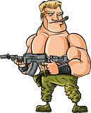 Cartoon muscle soldier with big machine gun