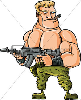 Cartoon muscle soldier with big machine gun