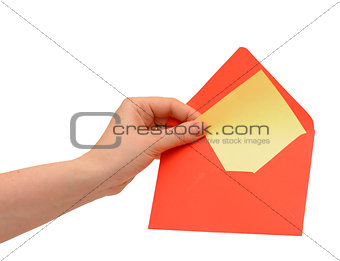 Red letter in hand isolated on white background 