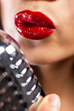 Close Up Woman Singing Mouth & Vintage Microphone