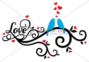 love birds with red hearts, vector 