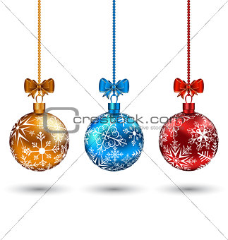 Christmas multicolor balls with bows isolated on white backgroun