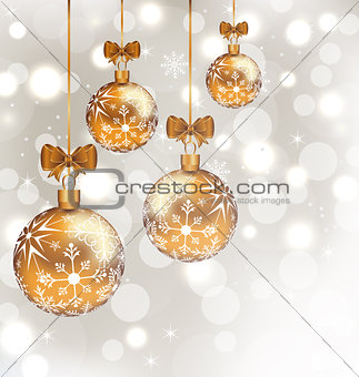 Glowing holiday background with set Christmas balls