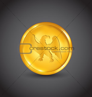 Golden coin with eagle isolated on black background