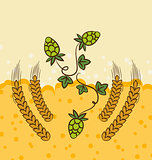 Beer background with hop leaves and wheats