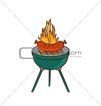 Barbecue with sausage and flame
