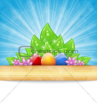 Easter background with colorful eggs, leaves, flowers