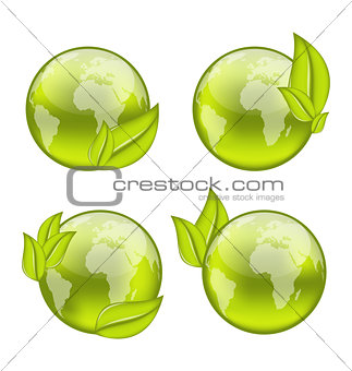  set icon world with eco green leaves isolated on white backgrou