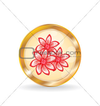 Golden circle label (button) with flowers