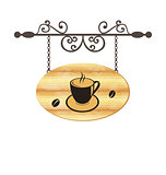 Wooden forging sign with coffee cup