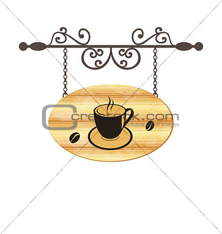 Wooden forging sign with coffee cup
