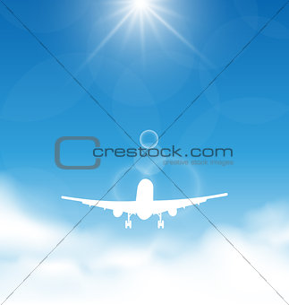 Blue sky and clouds with flying airplane