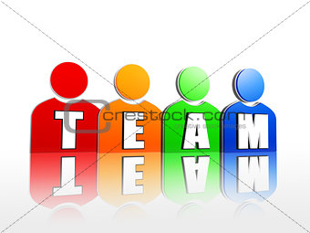 team in colorful person signs