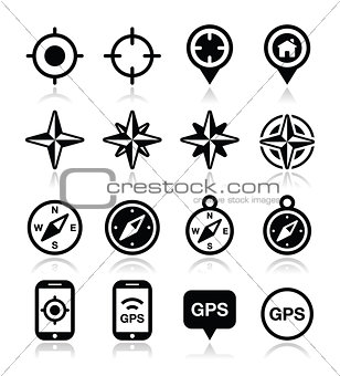GPS navigation, wind rose, compass icons set
