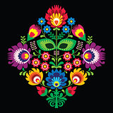 Folk embroidery with flowers - traditional polish pattern on black background